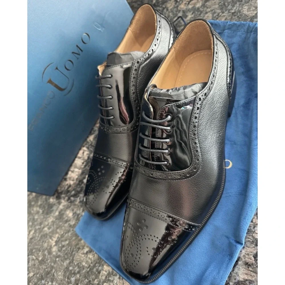 Franco Uomo Mens Ike Black Leather Brogue Oxford Dress Shoes PE388-B558 Size 8
